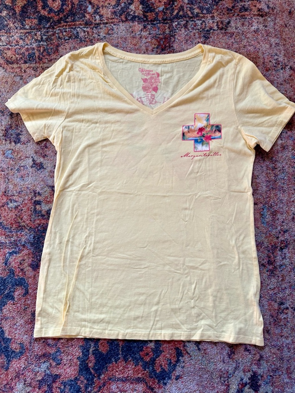 Margaritaville Pale Yellow V-Neck Tee with Floral Cross